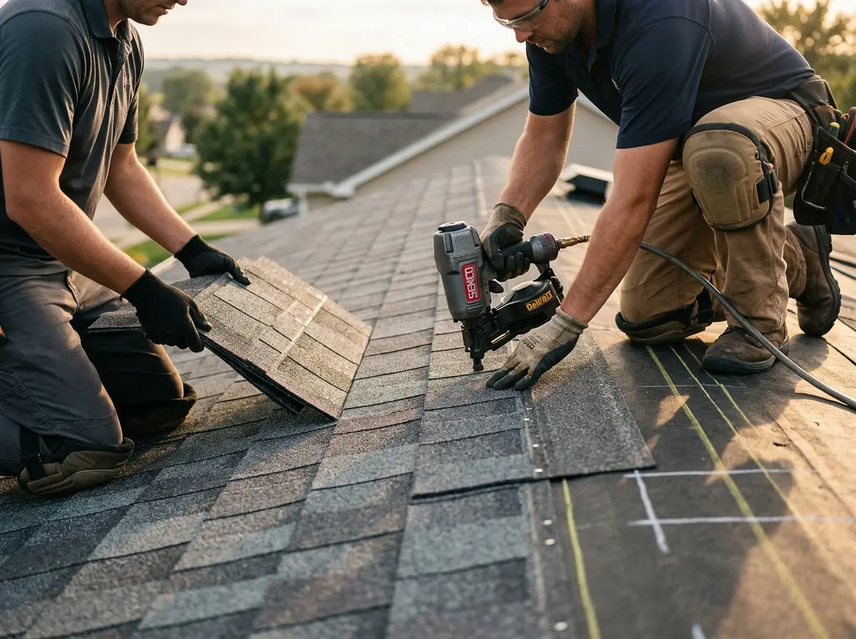 Professional roofer working on a residential roof in Cockeysville